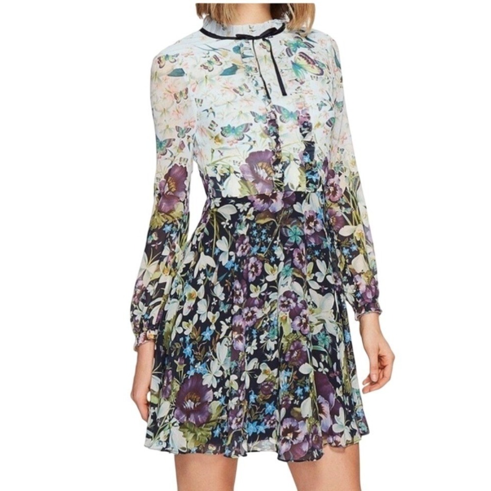 Ted Baker Floral Butterfly Chiffon Mini Dress Ruffle Neck Long Sleeve Multi US 8 - Picture 2 of 13
